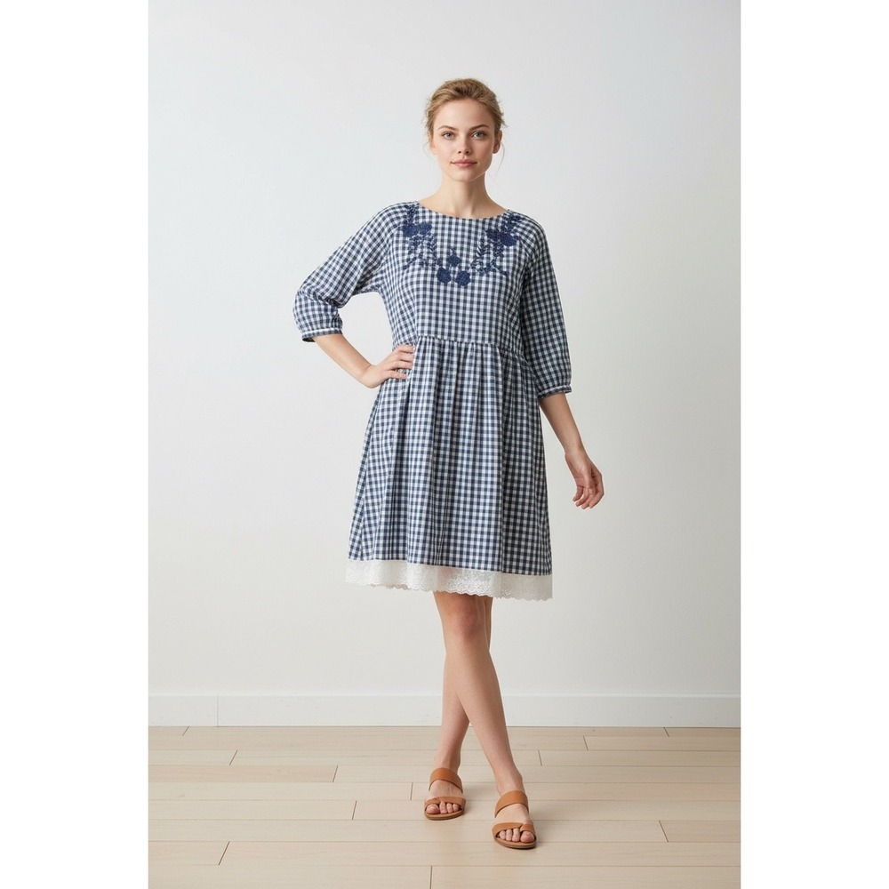 Blue White Gingham Checkered Dress Cottagecore Lace Trim Babydoll Large 193